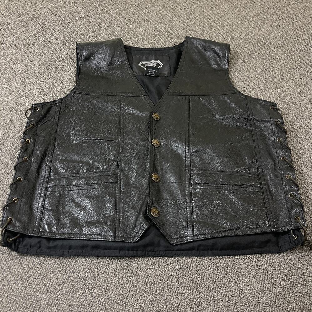 Diamond Plate Genuine Leather Biker Vest Size Large L Black Eagle Flag